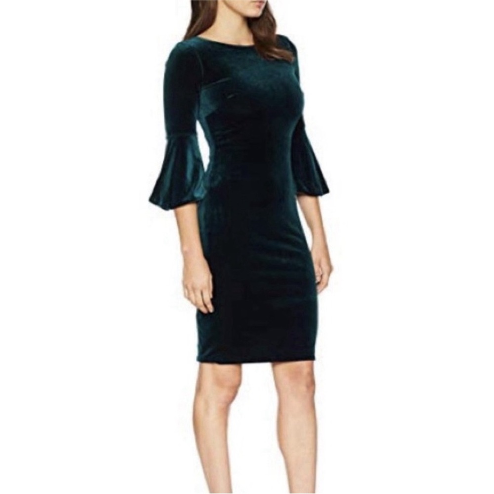 Calvin Klein Emerald Green Velvet 3/4 Bell Sleeve Sheath Dress Size 10 Stretch